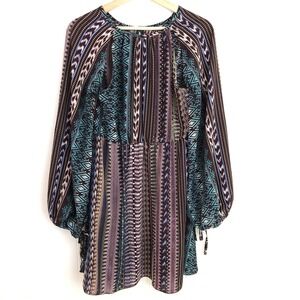 Harmony Bohemian Retro 60s Split Balloon Sleeve Colorful Print Mini Dress Medium